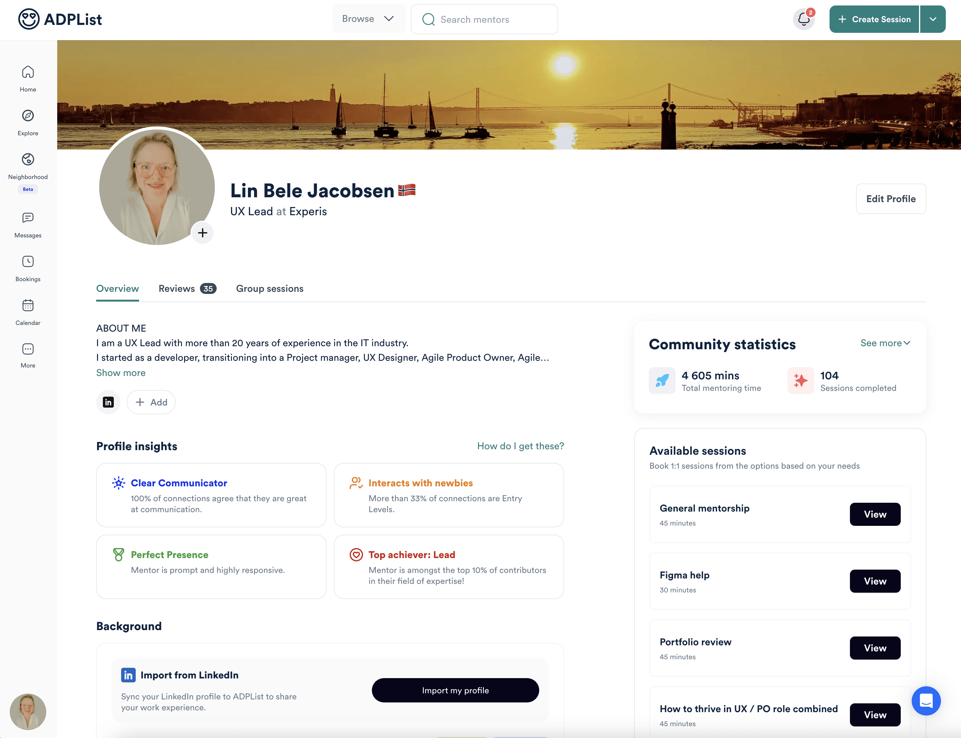 Lin Bele Jacobsen's full ADPList profile page: an About Me summary, community statistics showing 4,605 minutes mentored and 104 sessions completed, profile insight badges including Clear Communicator, Interacts with newbies, Perfect Presence and Top achiever: Lead, and a list of available session types.