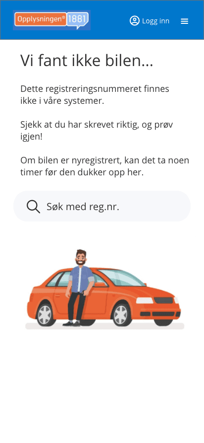 An empty state reading "We couldn't find the car," with guidance on checking the registration number and an illustration of a person beside a car.