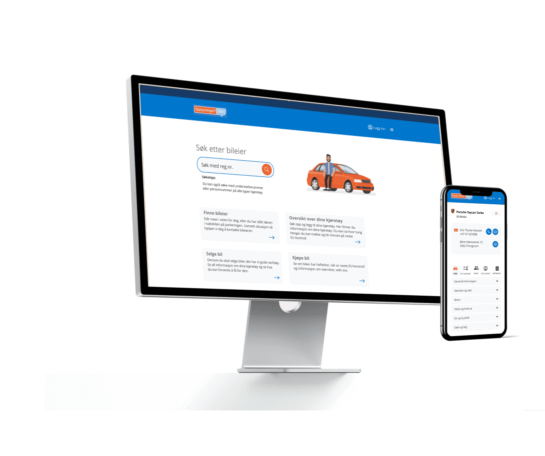 The finished 1881 car-lookup tool shown on desktop and mobile — a search screen with an illustration, and a vehicle detail card showing the owner's contact information.