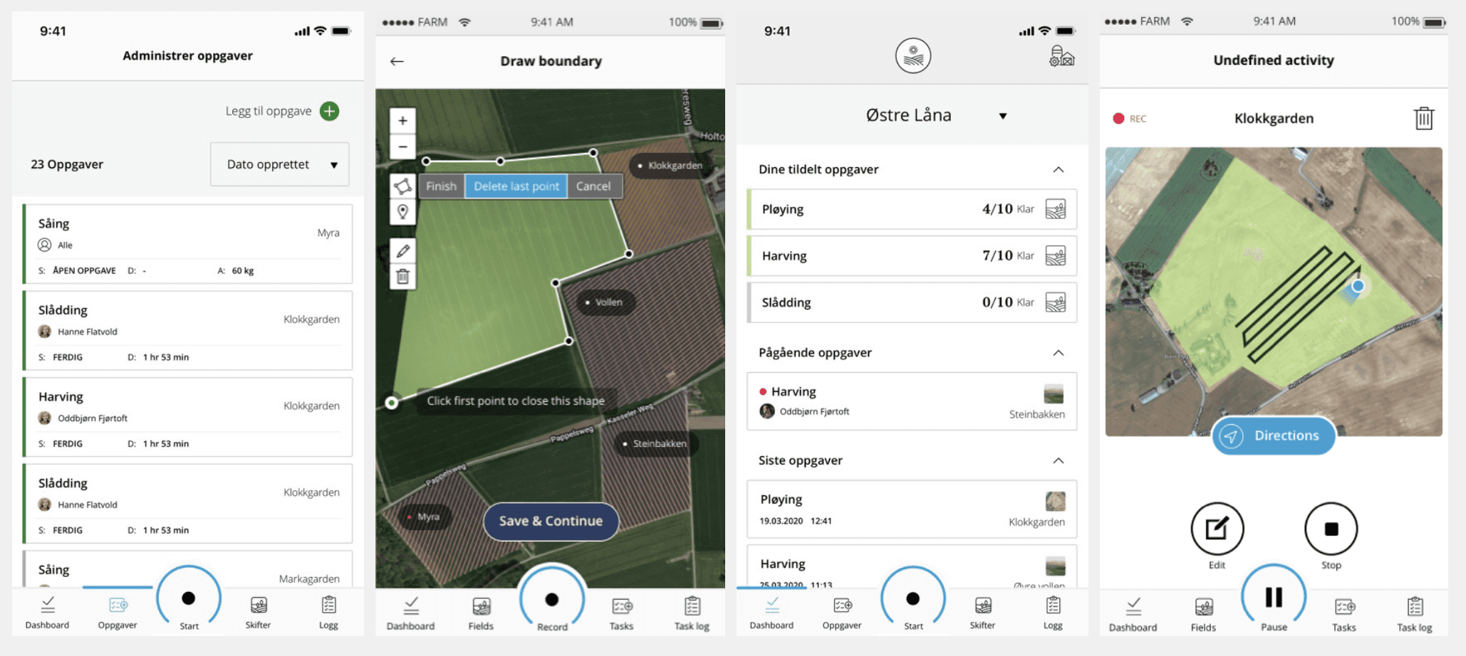 Four screens from the finished farm app: a task list, a field-boundary drawing tool on a satellite map, a task dashboard, and an activity recording screen.
