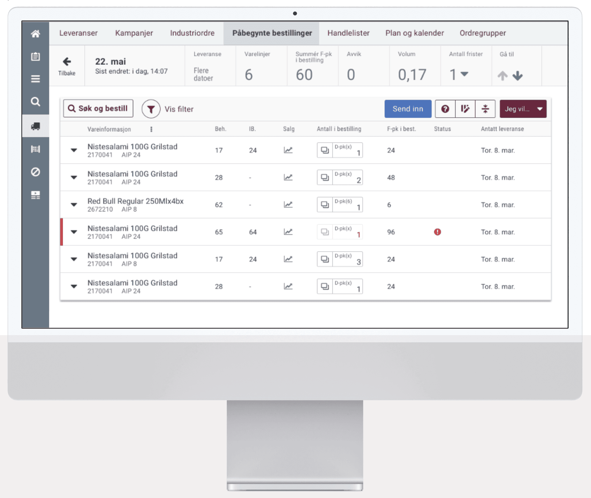 The finished bulk food ordering tool, showing a list of upcoming orders with delivery dates, quantities and status indicators.