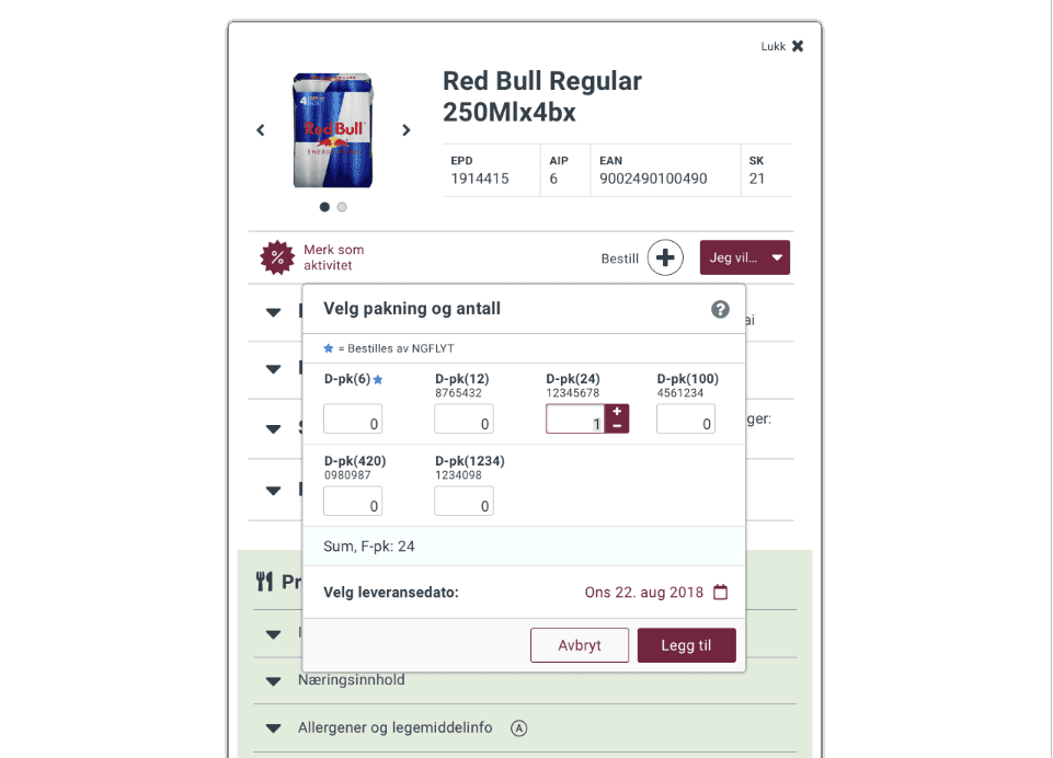 A product detail panel for Red Bull cans, letting the shopkeeper choose a pack size and quantity before adding it to the order.