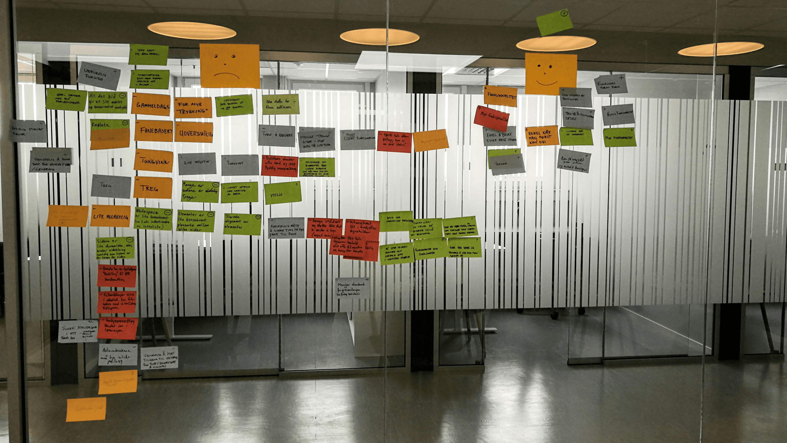 A glass wall covered in colour-coded sticky notes capturing user feedback themes — labels in Norwegian for issues like 'old-fashioned', 'cumbersome', 'slow' and 'not cohesive', grouped with sad and happy face stickers.