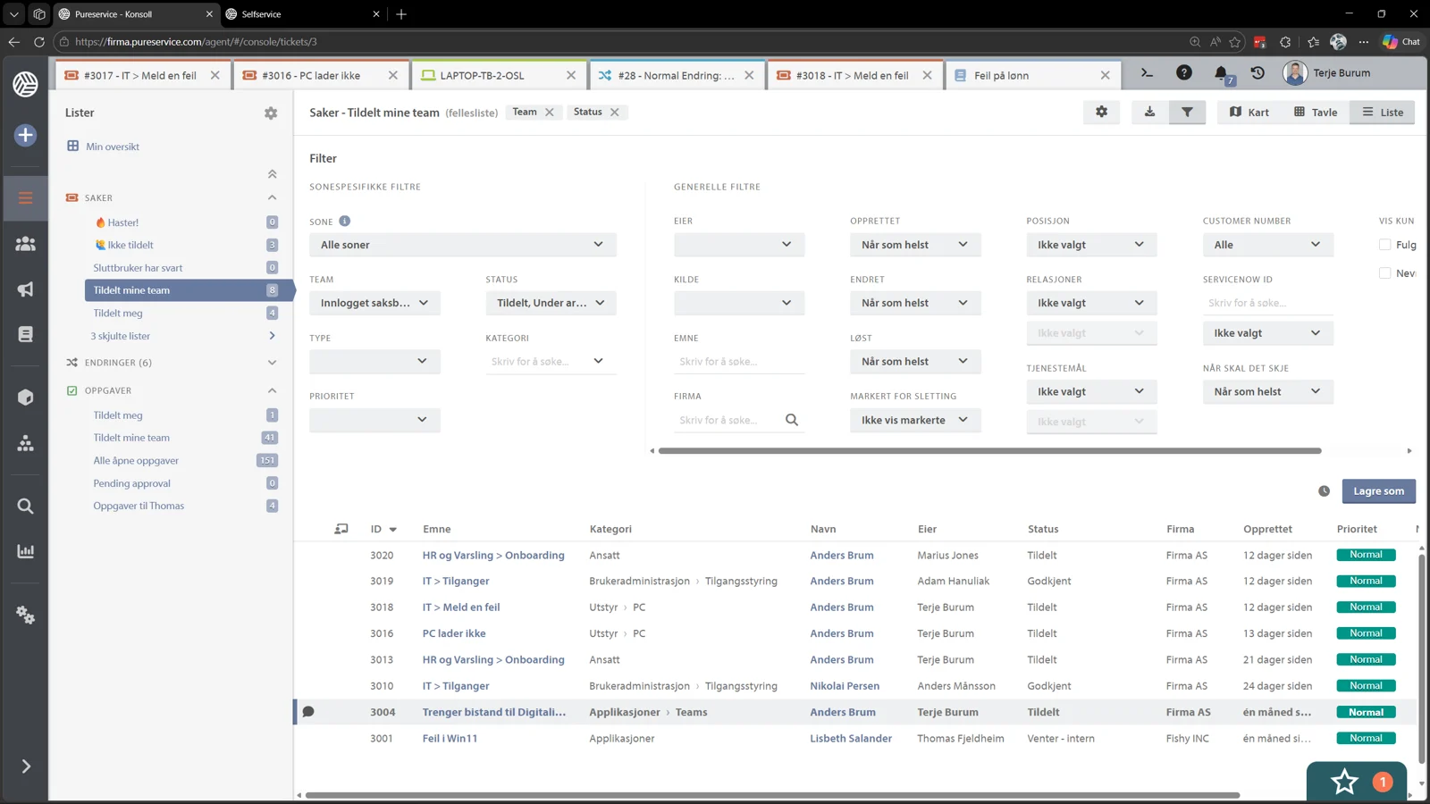 The Pureservice ticket console with an expanded filter drawer, showing zone, team, status, priority, category and company filters above a list of open tickets with their owners, status and creation dates.